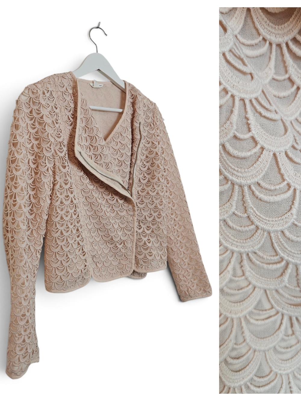 Club Monaco Jacket Size 6 Scalloped Lace Moto Biker Crop Apricot Blush Pink Zip